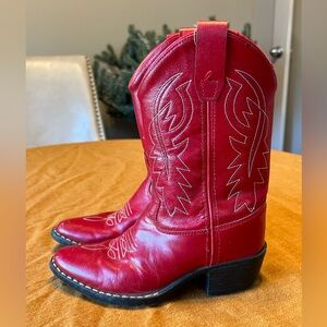 Old West Red Leather Cowboy Boots White Stitching Kids Size 1D